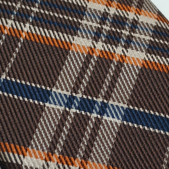 The Tie Bar Silk Wool Diagonal Brown Orange Blue Plaid Men's Skinny Necktie - Picture 7 of 12